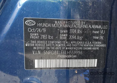 2020 Hyundai Elantra Sel z USA, uszkodzony, nr VIN 5NPD84LF6LH559996